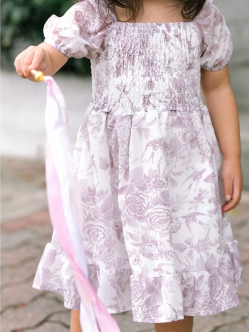 Morning Lavender- Girls Floral Smocked Puff-Sleeve Dress - Mauve White